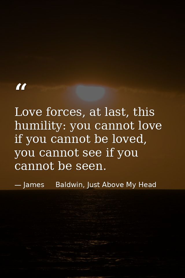 Love forces, at last, this humility: you cannot love if you cannot be loved, you cannot see if you cannot be seen. — James     Baldwin, Just Above My Head