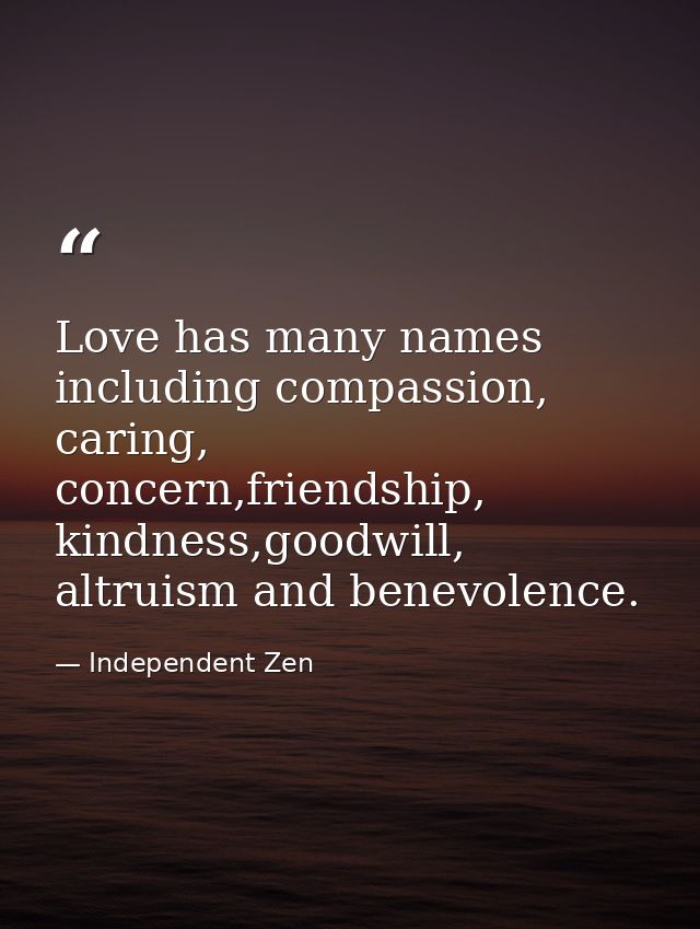 Love has many names including compassion, caring, concern,friendship, kindness,goodwill, altruism and benevolence. — Independent Zen