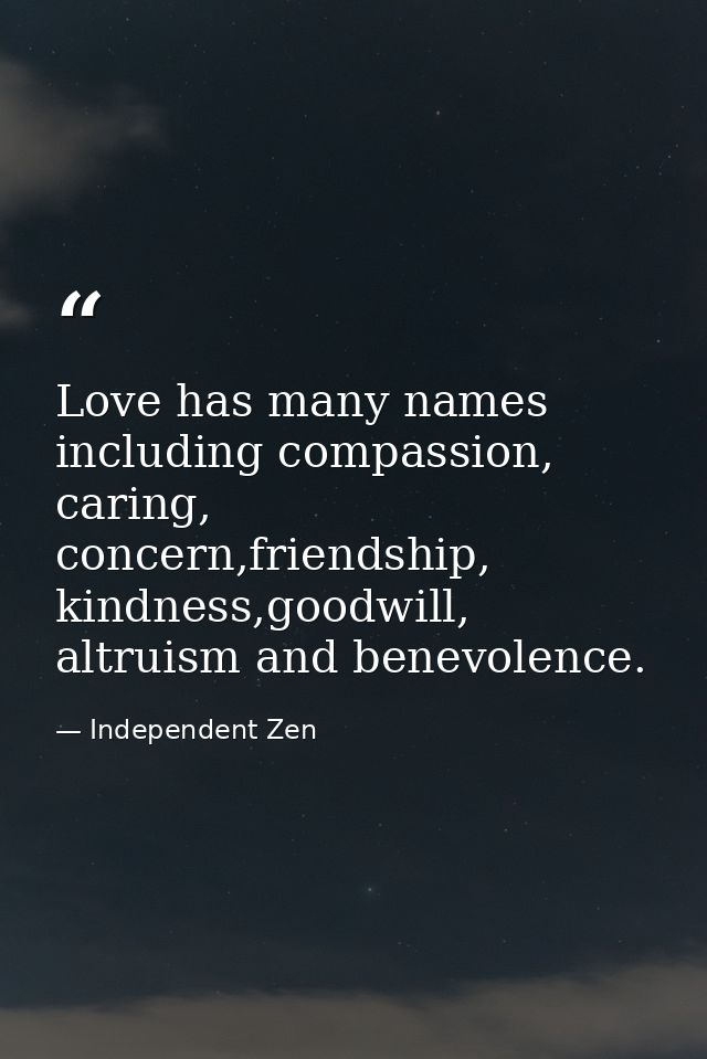 Love has many names including compassion, caring, concern,friendship, kindness,goodwill, altruism and benevolence. — Independent Zen