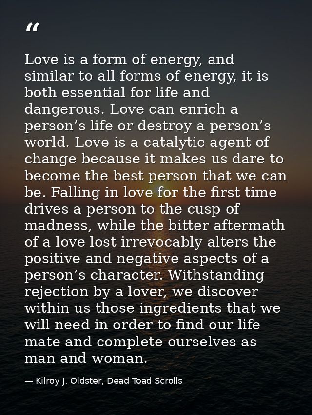 Love is a form of energy, and similar to all forms of energy, it is both essential for life and dangerous. Love can enri — Kilroy J. Oldster, Dead Toad Scrolls