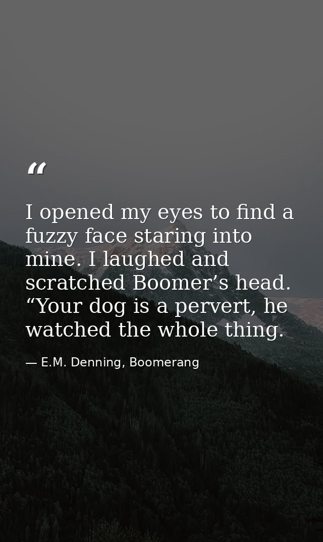 I opened my eyes to find a fuzzy face staring into mine. I laughed and scratched Boomer’s head. “Your dog is a pervert,  — E.M. Denning, Boomerang