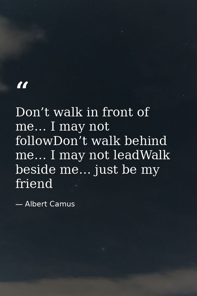 Don’t walk in front of me… I may not followDon’t walk behind me… I may not leadWalk beside me… just be my friend — Albert Camus
