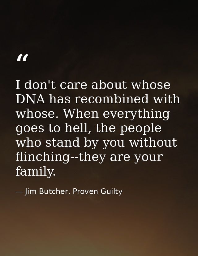 I don't care about whose DNA has recombined with whose. When everything goes to hell, the people who stand by you withou — Jim Butcher, Proven Guilty
