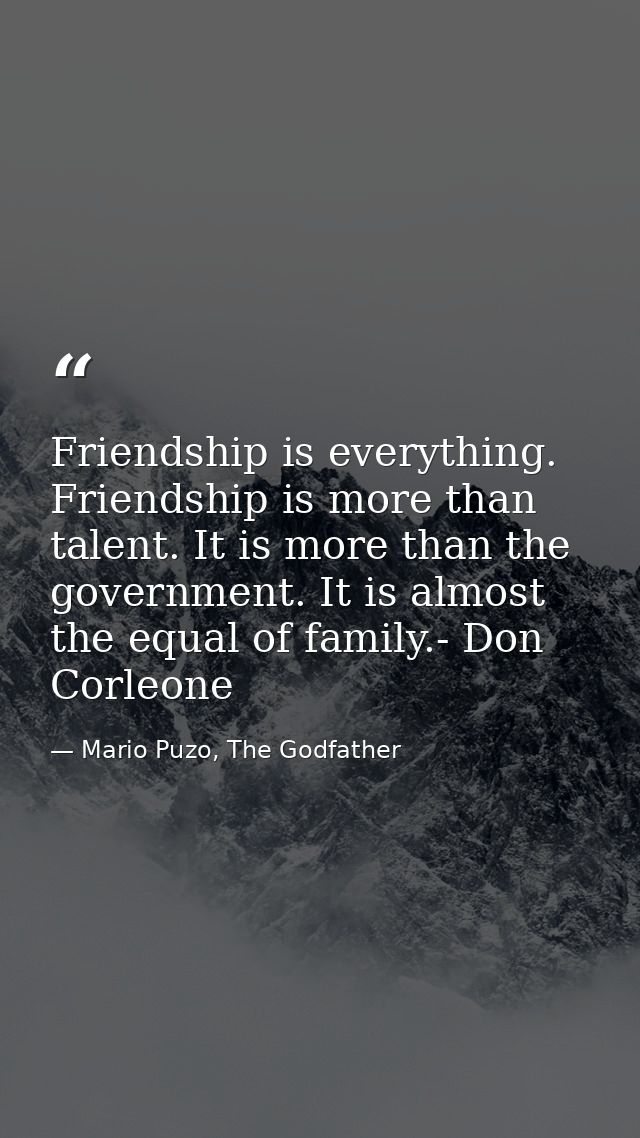 Friendship is everything. Friendship is more than talent. It is more than the government. It is almost the equal of fami — Mario Puzo, The Godfather