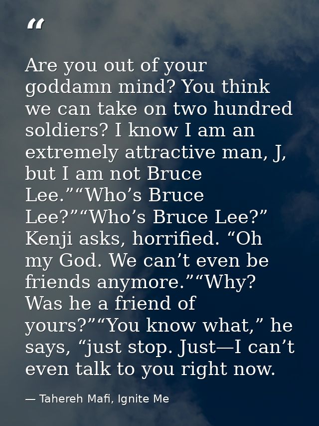 Are you out of your goddamn mind? You think we can take on two hundred soldiers? I know I am an extremely attractive man — Tahereh Mafi, Ignite Me