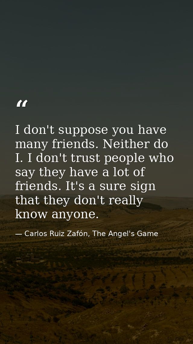 I don't suppose you have many friends. Neither do I. I don't trust people who say they have a lot of friends. It's a sur — Carlos Ruiz Zafón, The Angel's Game