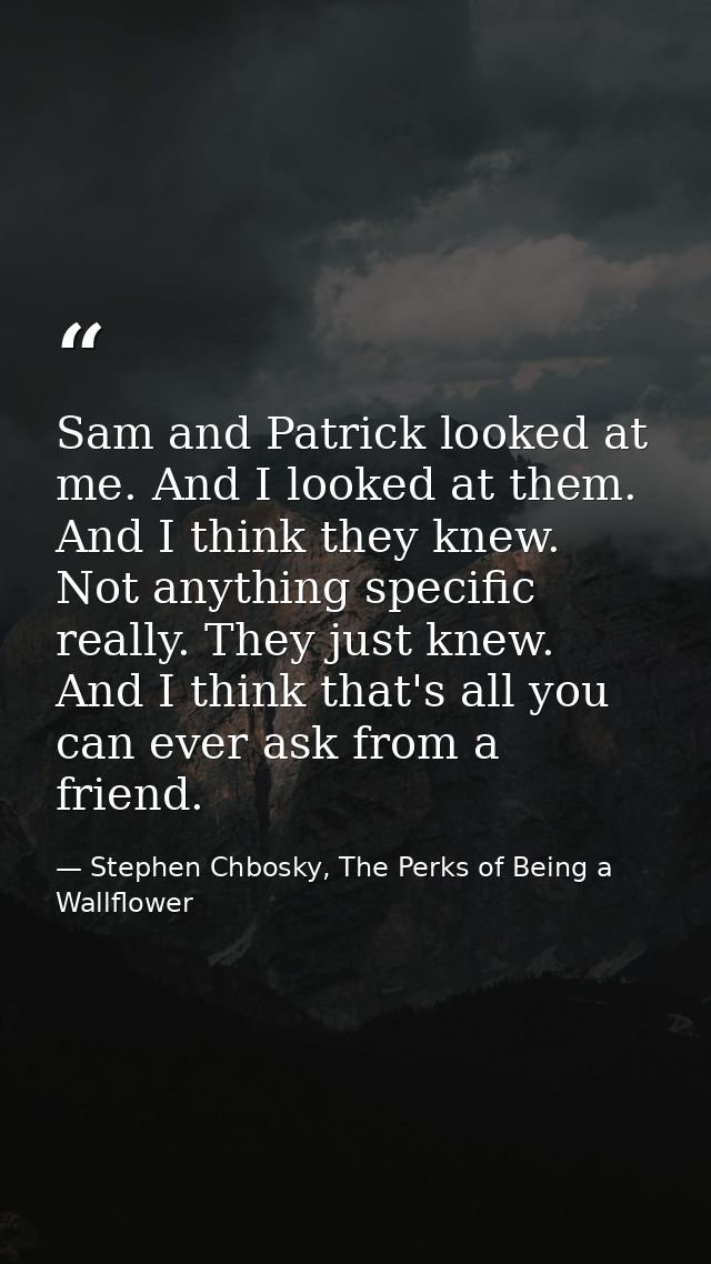 Sam and Patrick looked at me. And I looked at them. And I think they knew. Not anything specific really. They just knew. — Stephen Chbosky, The Perks of Being a Wallflower