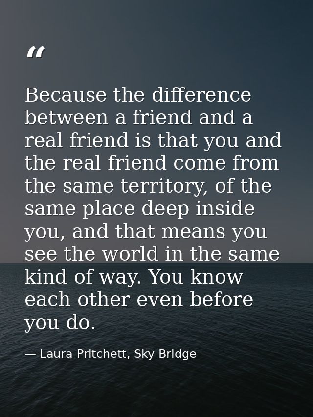 Because the difference between a friend and a real friend is that you and the real friend come from the same territory,  — Laura Pritchett, Sky Bridge