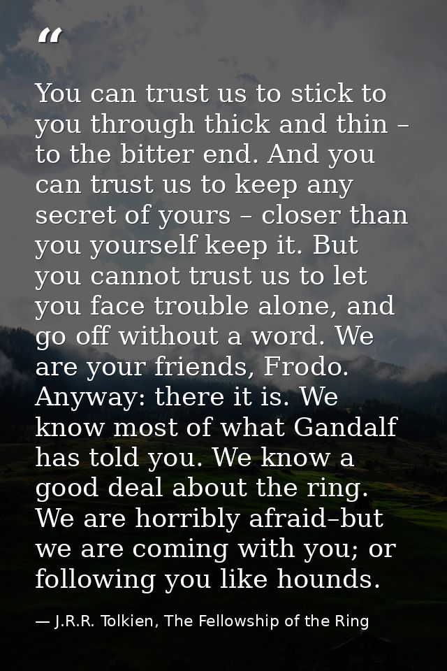 You can trust us to stick to you through thick and thin – to the bitter end. And you can trust us to keep any secret of  — J.R.R. Tolkien, The Fellowship of the Ring