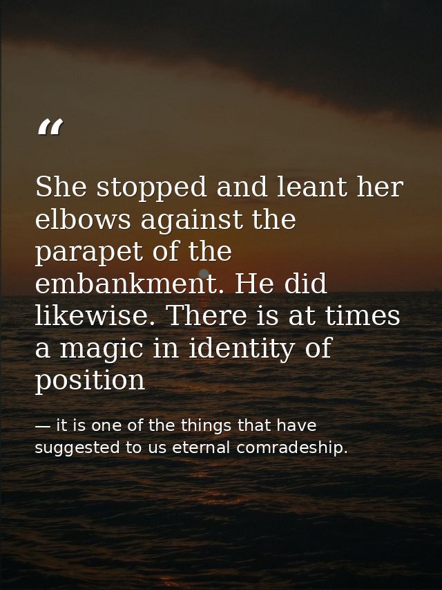 She stopped and leant her elbows against the parapet of the embankment. He did likewise. There is at times a magic in id — it is one of the things that have suggested to us eternal comradeship.