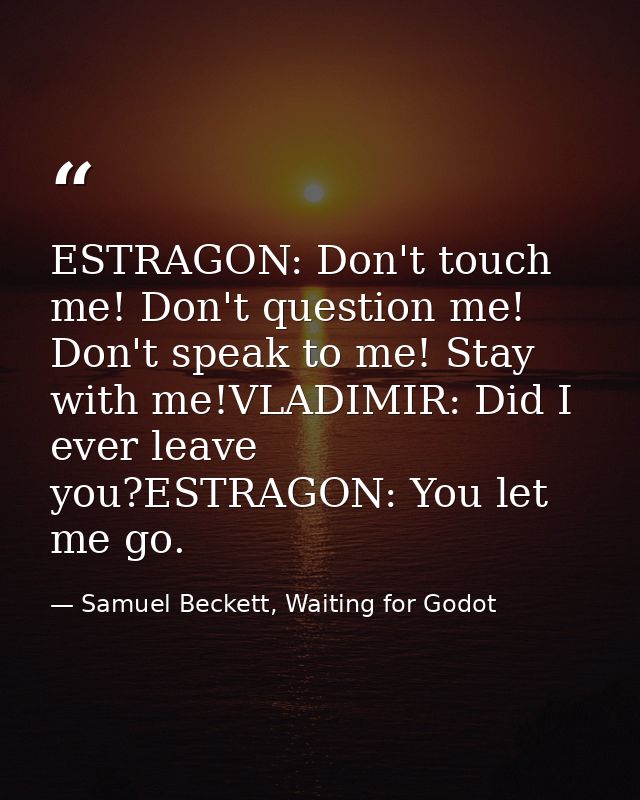 ESTRAGON: Don't touch me! Don't question me! Don't speak to me! Stay with me!VLADIMIR: Did I ever leave you?ESTRAGON: Yo — Samuel Beckett, Waiting for Godot