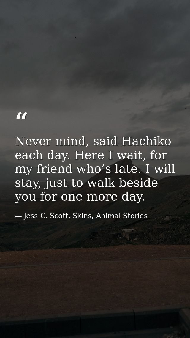 Never mind, said Hachiko each day. Here I wait, for my friend who’s late. I will stay, just to walk beside you for one m — Jess C. Scott, Skins, Animal Stories
