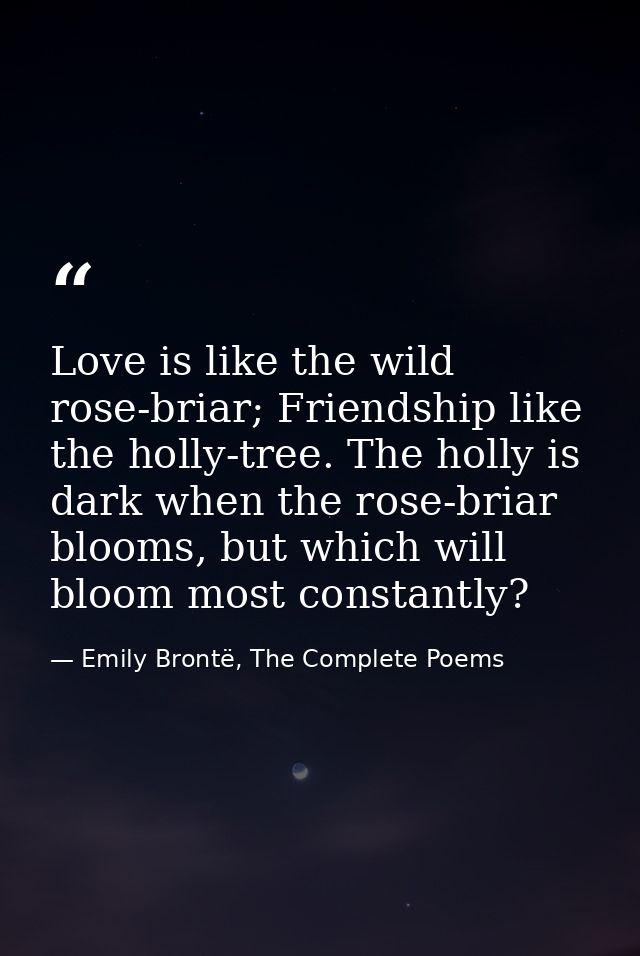Love is like the wild rose-briar; Friendship like the holly-tree. The holly is dark when the rose-briar blooms, but whic — Emily Brontë, The Complete Poems
