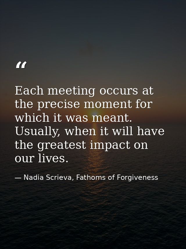 Each meeting occurs at the precise moment for which it was meant. Usually, when it will have the greatest impact on our  — Nadia Scrieva, Fathoms of Forgiveness