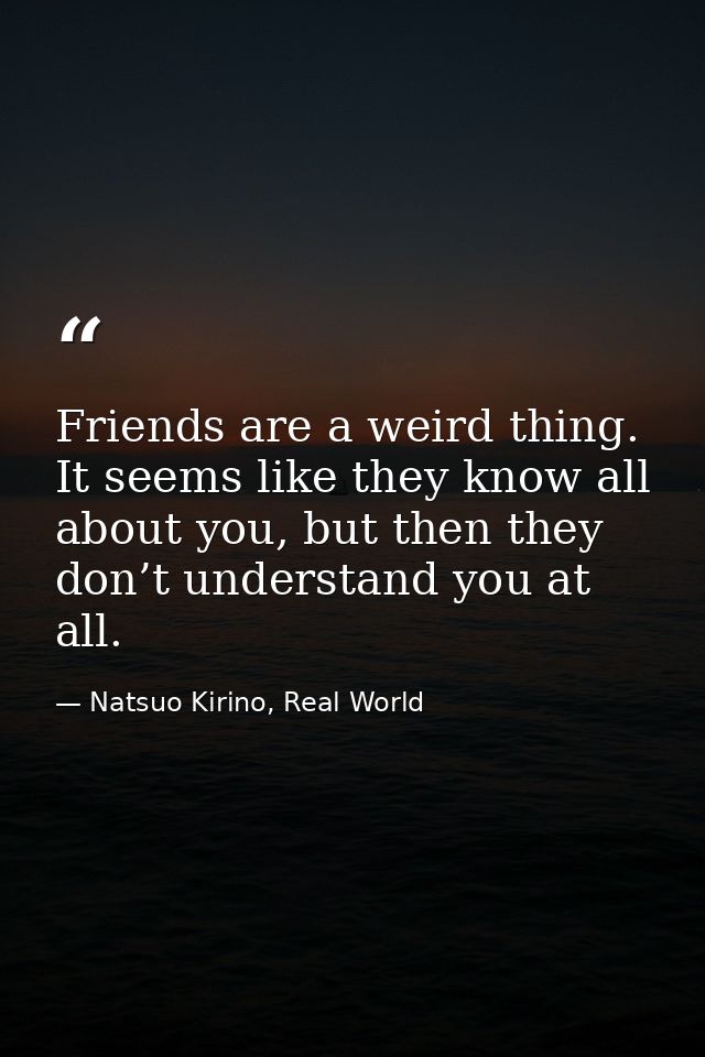 Friends are a weird thing. It seems like they know all about you, but then they don’t understand you at all. — Natsuo Kirino, Real World
