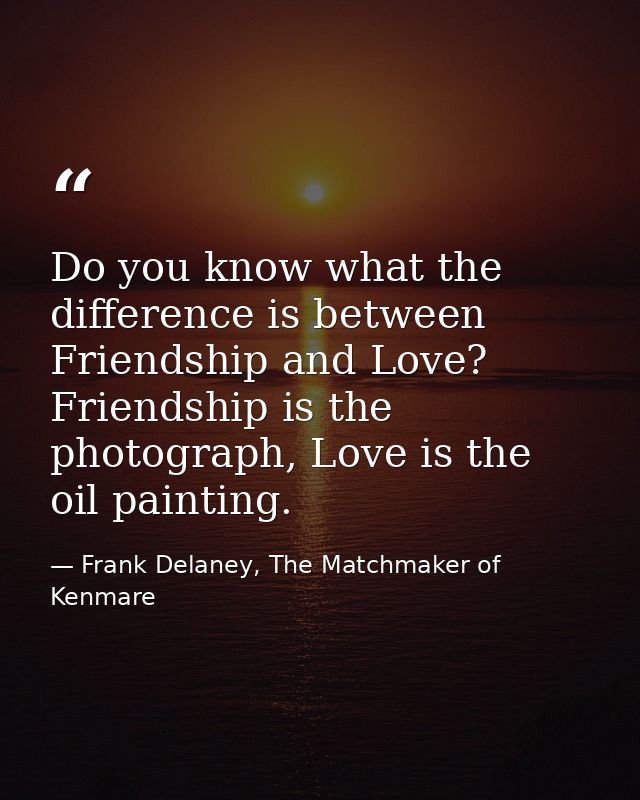 Do you know what the difference is between Friendship and Love? Friendship is the photograph, Love is the oil painting. — Frank Delaney, The Matchmaker of Kenmare