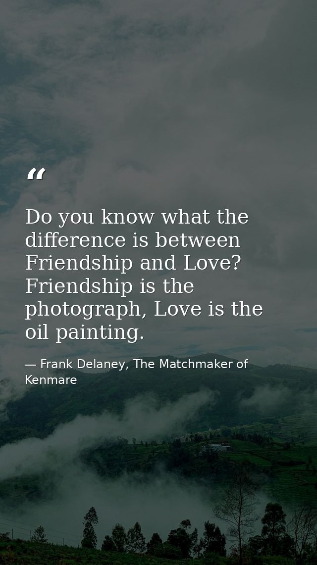 Do you know what the difference is between Friendship and Love? Friendship is the photograph, Love is the oil painting. — Frank Delaney, The Matchmaker of Kenmare