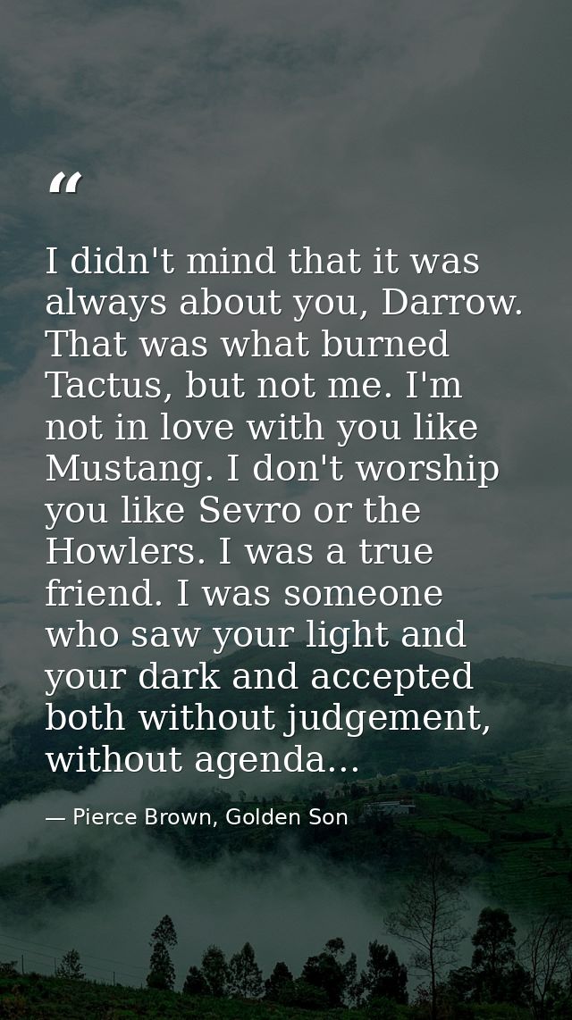I didn't mind that it was always about you, Darrow. That was what burned Tactus, but not me. I'm not in love with you li — Pierce Brown, Golden Son