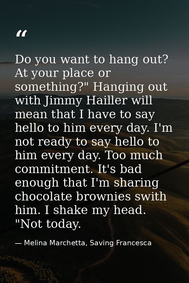 Do you want to hang out? At your place or something?" Hanging out with Jimmy Hailler will mean that I have to say hello  — Melina Marchetta, Saving Francesca