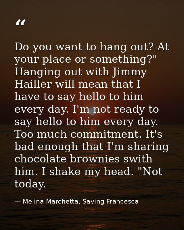 Do you want to hang out? At your place or something?" Hanging out with Jimmy Hailler will mean that I have to say hello  — Melina Marchetta, Saving Francesca
