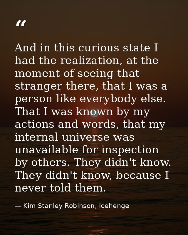 And in this curious state I had the realization, at the moment of seeing that stranger there, that I was a person like e — Kim Stanley Robinson, Icehenge