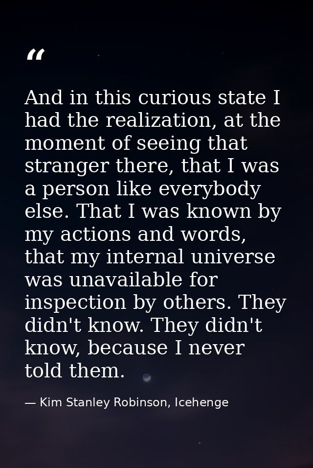 And in this curious state I had the realization, at the moment of seeing that stranger there, that I was a person like e — Kim Stanley Robinson, Icehenge