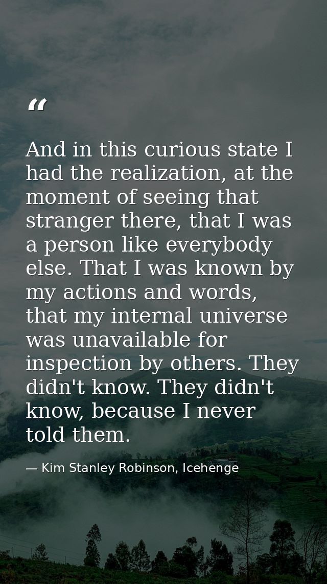 And in this curious state I had the realization, at the moment of seeing that stranger there, that I was a person like e — Kim Stanley Robinson, Icehenge