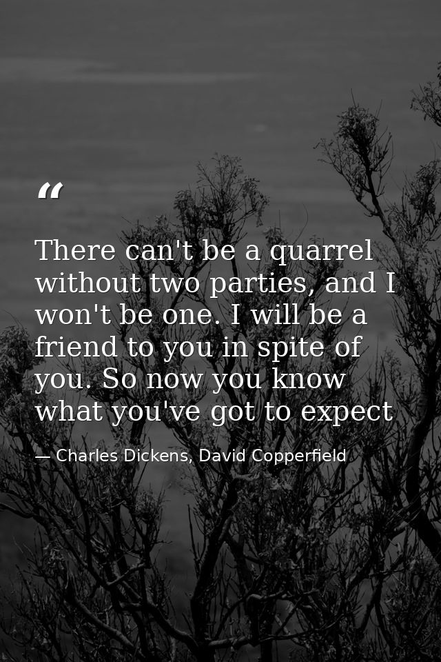 There can't be a quarrel without two parties, and I won't be one. I will be a friend to you in spite of you. So now you  — Charles Dickens, David Copperfield