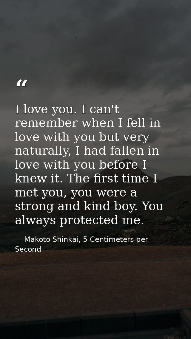I love you. I can't remember when I fell in love with you but very naturally, I had fallen in love with you before I kne — Makoto Shinkai, 5 Centimeters per Second