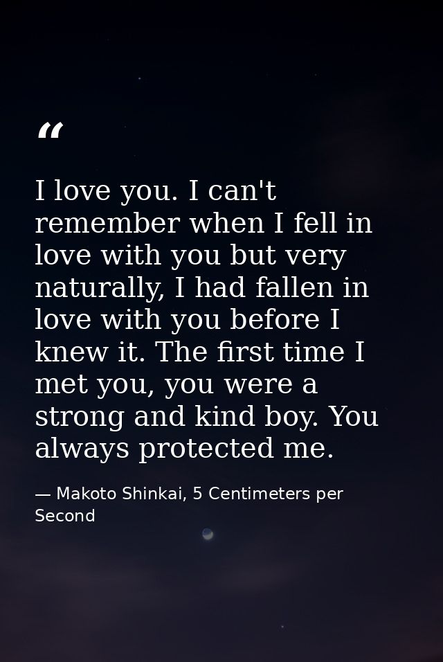 I love you. I can't remember when I fell in love with you but very naturally, I had fallen in love with you before I kne — Makoto Shinkai, 5 Centimeters per Second