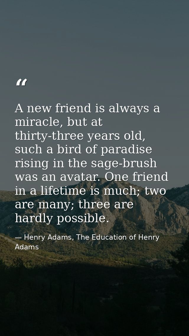 A new friend is always a miracle, but at thirty-three years old, such a bird of paradise rising in the sage-brush was an — Henry Adams, The Education of Henry Adams