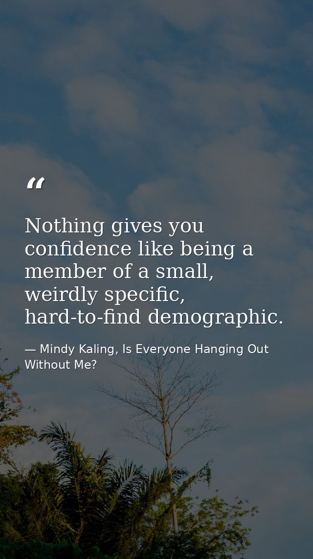 Nothing gives you confidence like being a member of a small, weirdly specific, hard-to-find demographic. — Mindy Kaling, Is Everyone Hanging Out Without Me?