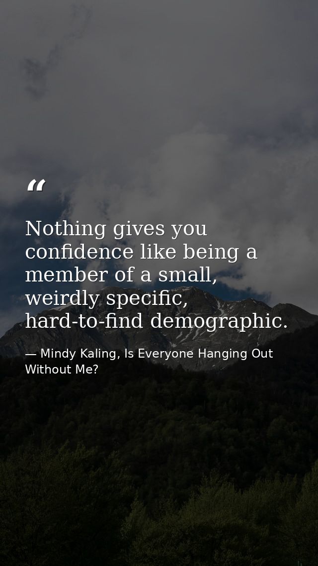 Nothing gives you confidence like being a member of a small, weirdly specific, hard-to-find demographic. — Mindy Kaling, Is Everyone Hanging Out Without Me?