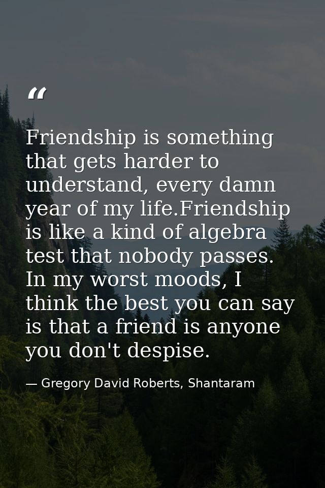 Friendship is something that gets harder to understand, every damn year of my life.Friendship is like a kind of algebra  — Gregory David Roberts, Shantaram