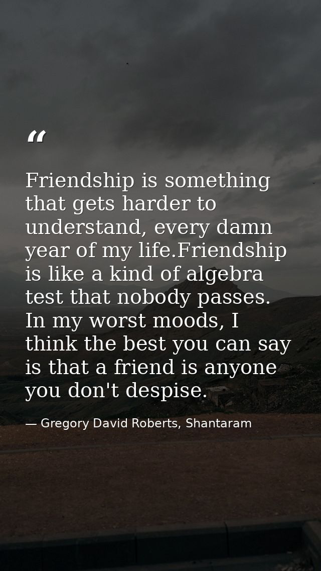 Friendship is something that gets harder to understand, every damn year of my life.Friendship is like a kind of algebra  — Gregory David Roberts, Shantaram