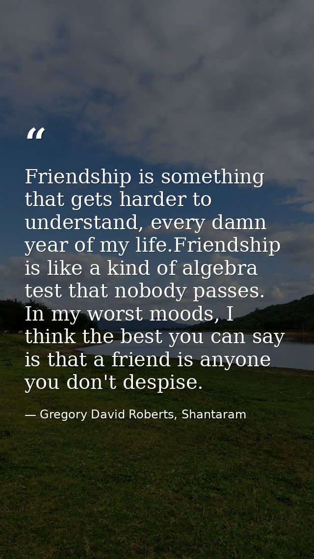 Friendship is something that gets harder to understand, every damn year of my life.Friendship is like a kind of algebra  — Gregory David Roberts, Shantaram