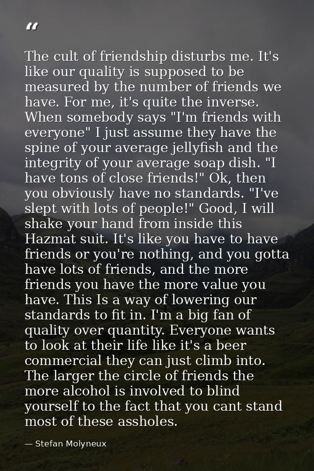 The cult of friendship disturbs me. It's like our quality is supposed to be measured by the number of friends we have. F — Stefan Molyneux