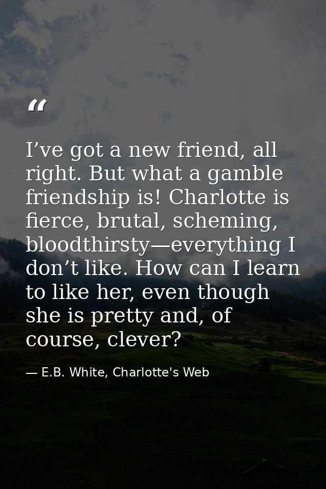 I’ve got a new friend, all right. But what a gamble friendship is! Charlotte is fierce, brutal, scheming, bloodthirsty—e — E.B. White, Charlotte's Web
