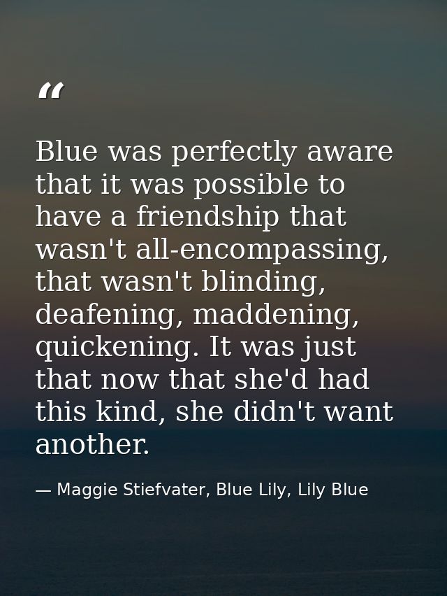 Blue was perfectly aware that it was possible to have a friendship that wasn't all-encompassing, that wasn't blinding, d — Maggie Stiefvater, Blue Lily, Lily Blue