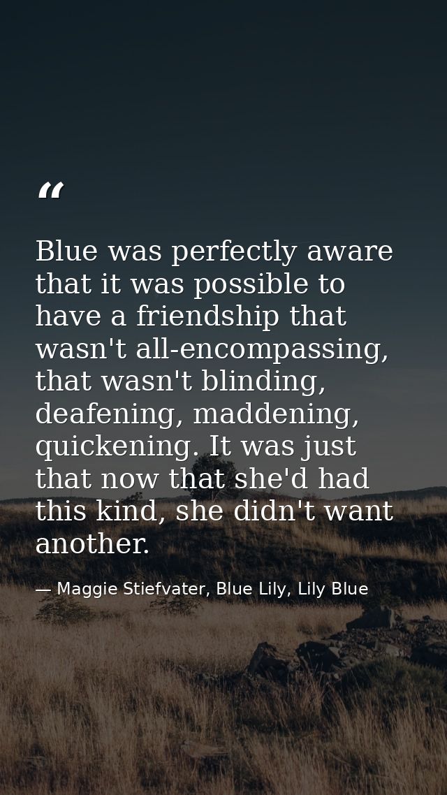 Blue was perfectly aware that it was possible to have a friendship that wasn't all-encompassing, that wasn't blinding, d — Maggie Stiefvater, Blue Lily, Lily Blue