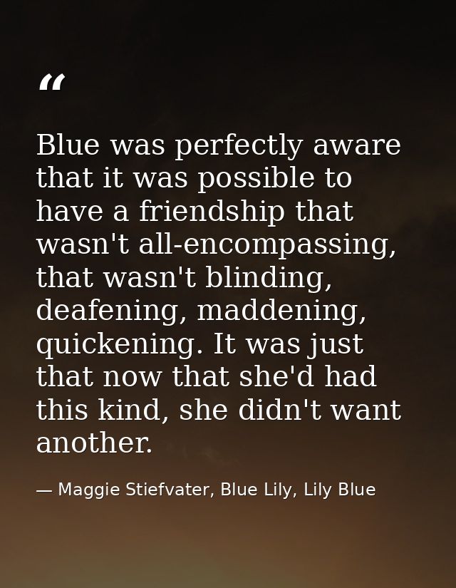 Blue was perfectly aware that it was possible to have a friendship that wasn't all-encompassing, that wasn't blinding, d — Maggie Stiefvater, Blue Lily, Lily Blue