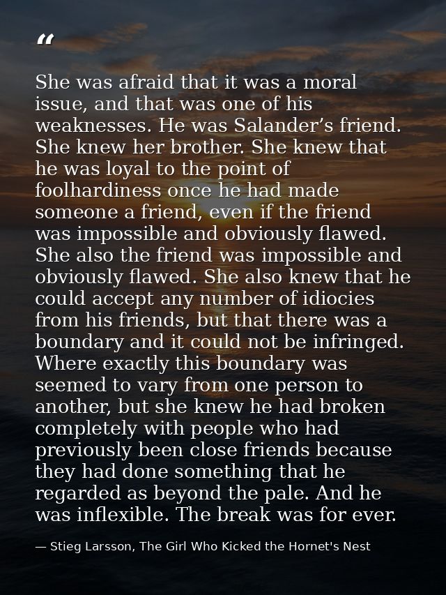 She was afraid that it was a moral issue, and that was one of his weaknesses. He was Salander’s friend. She knew her bro — Stieg Larsson, The Girl Who Kicked the Hornet's Nest