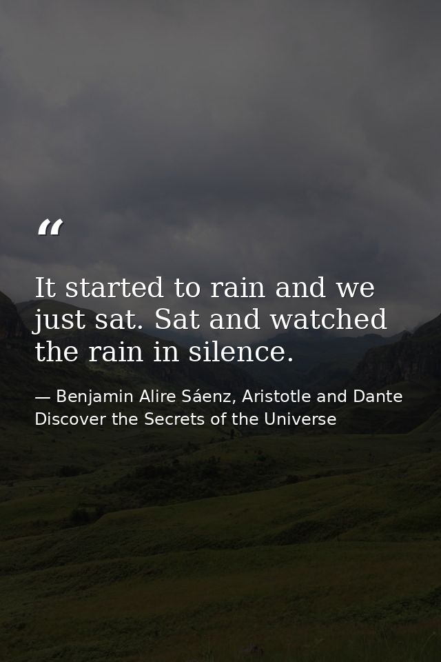 It started to rain and we just sat. Sat and watched the rain in silence. — Benjamin Alire Sáenz, Aristotle and Dante Discover the Secrets of the Universe