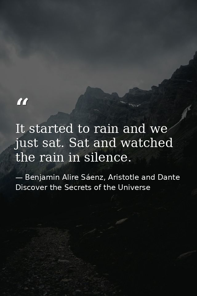 It started to rain and we just sat. Sat and watched the rain in silence. — Benjamin Alire Sáenz, Aristotle and Dante Discover the Secrets of the Universe
