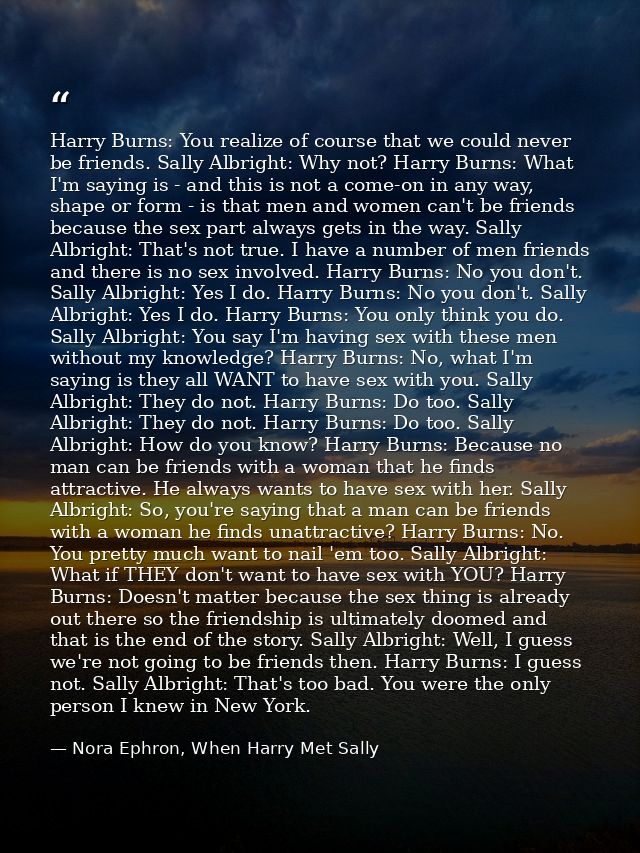 Harry Burns: You realize of course that we could never be friends. Sally Albright: Why not? Harry Burns: What I'm saying — Nora Ephron, When Harry Met Sally