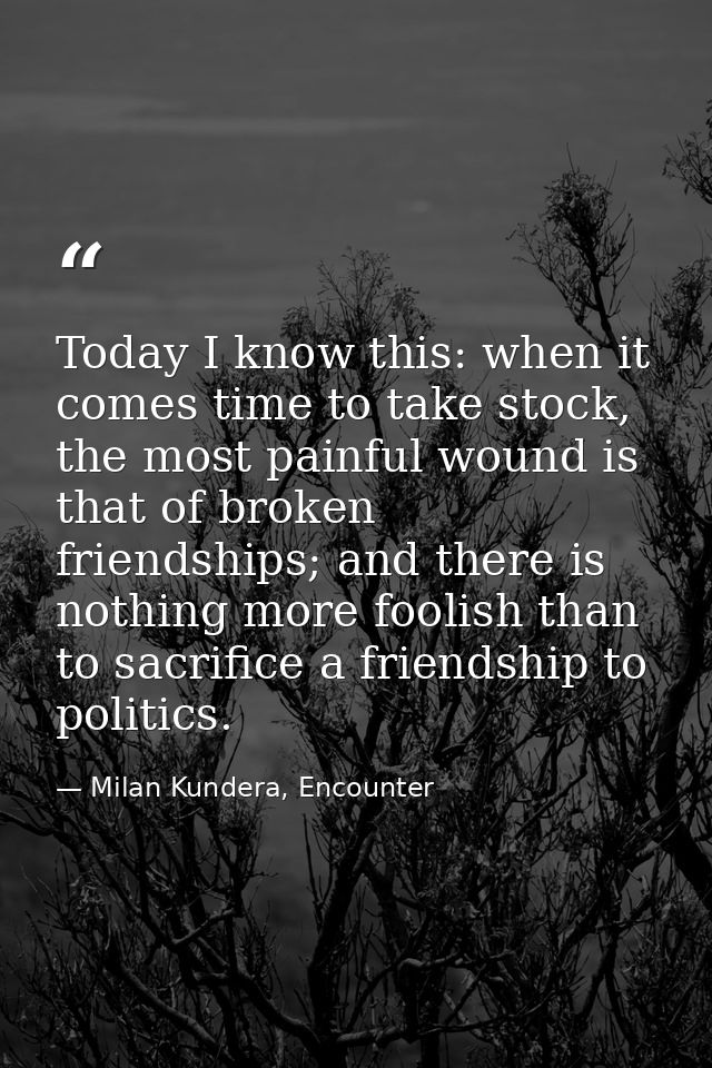 Today I know this: when it comes time to take stock, the most painful wound is that of broken friendships; and there is  — Milan Kundera, Encounter
