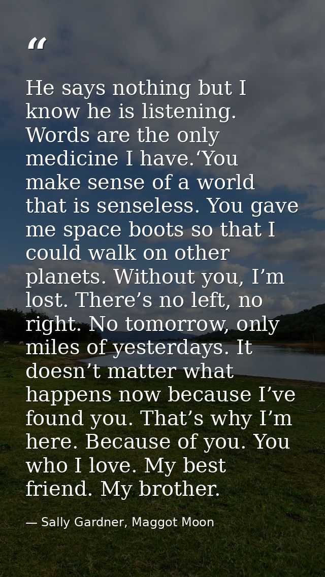 He says nothing but I know he is listening. Words are the only medicine I have.‘You make sense of a world that is sensel — Sally Gardner, Maggot Moon