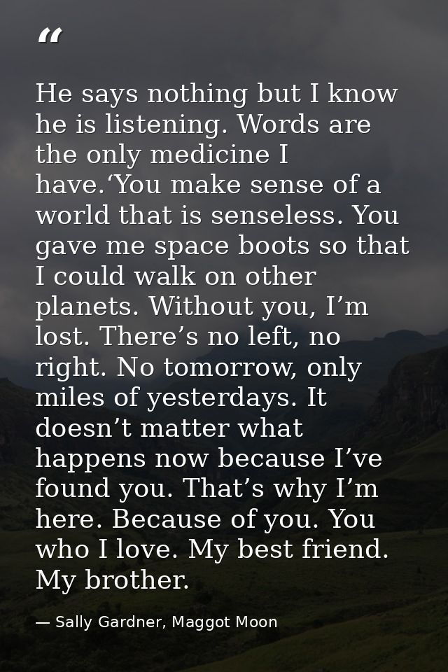 He says nothing but I know he is listening. Words are the only medicine I have.‘You make sense of a world that is sensel — Sally Gardner, Maggot Moon