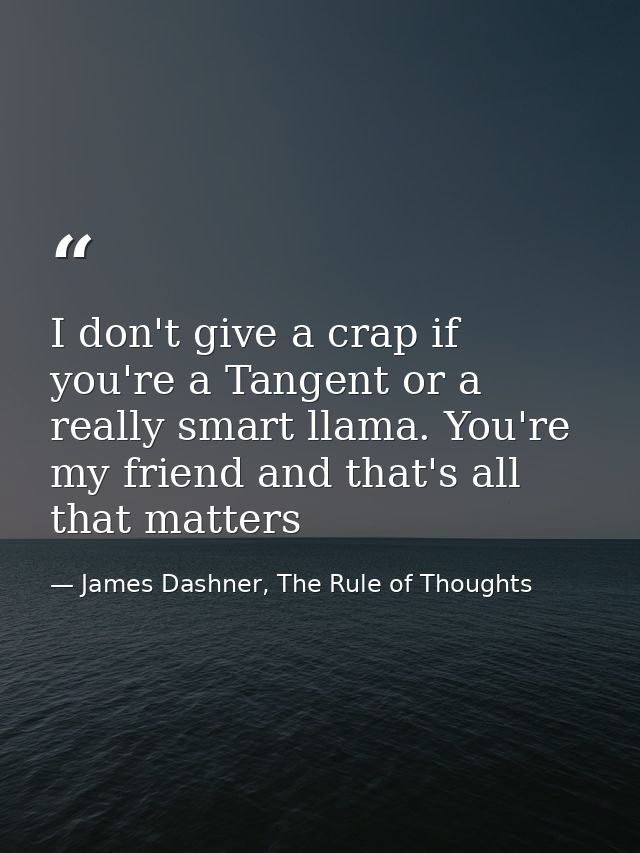 I don't give a crap if you're a Tangent or a really smart llama. You're my friend and that's all that matters — James Dashner, The Rule of Thoughts