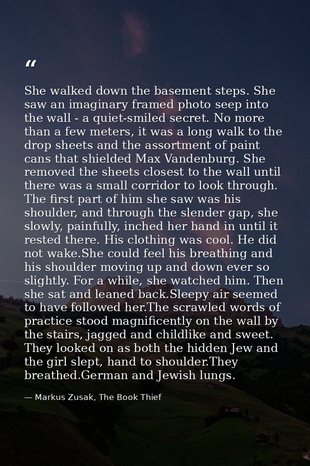 She walked down the basement steps. She saw an imaginary framed photo seep into the wall - a quiet-smiled secret. No mor — Markus Zusak, The Book Thief